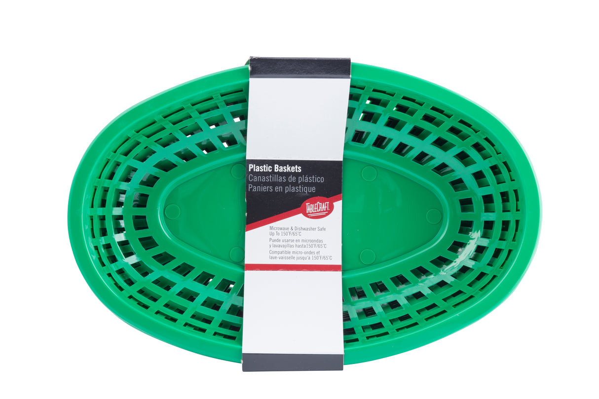 A green, oval-shaped plastic basket with a grid-like pattern and solid center is shown. This classic basket is labeled in English, Spanish, and French as "Plastic Baskets." It is dishwasher safe. The background is plain white.