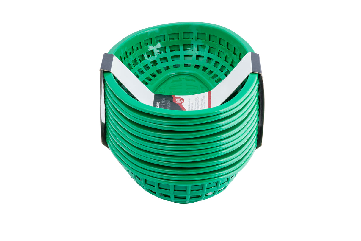 A stack of green plastic oval baskets with lattice sides, viewed from above. These classic baskets are nested together and held in place by two white and black cardboard bands. The background is plain white.