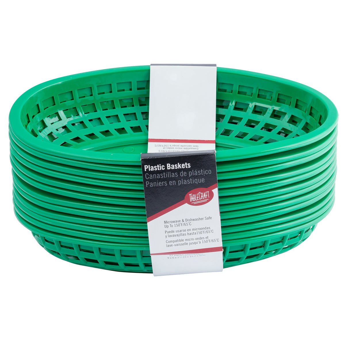 A stack of classic green oval plastic baskets with open lattice sides, wrapped in a white and red label that reads “Plastic Baskets” in English, Spanish, and French. These heat resistant baskets are nested together and placed on a white background.