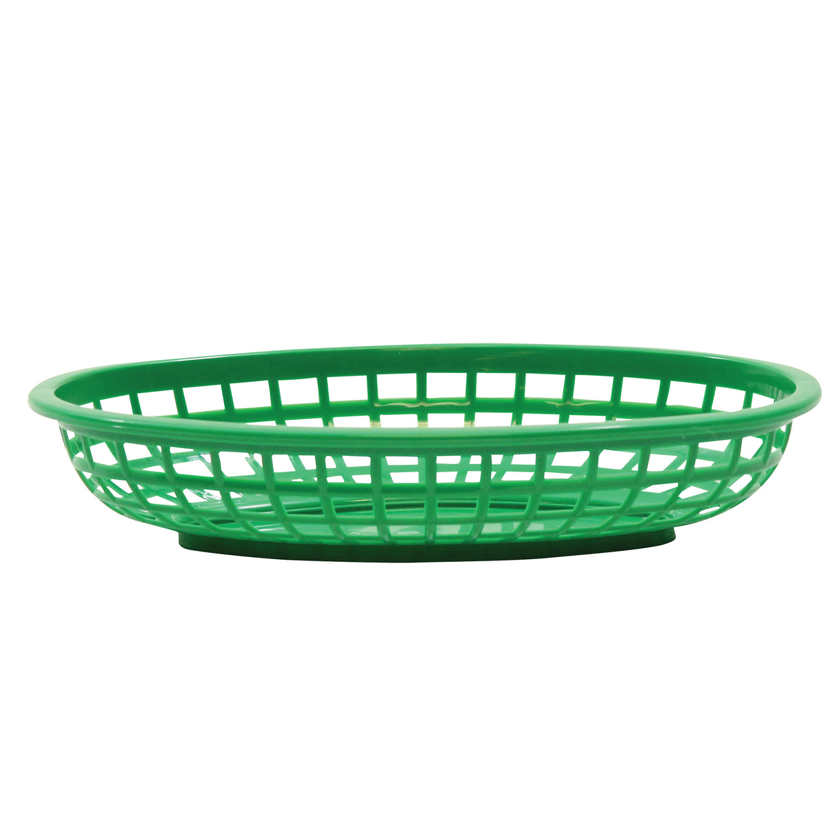 A green, oval-shaped plastic basket with an open grid design and a solid base. This classic basket is dishwasher safe and photographed empty against a plain white background.