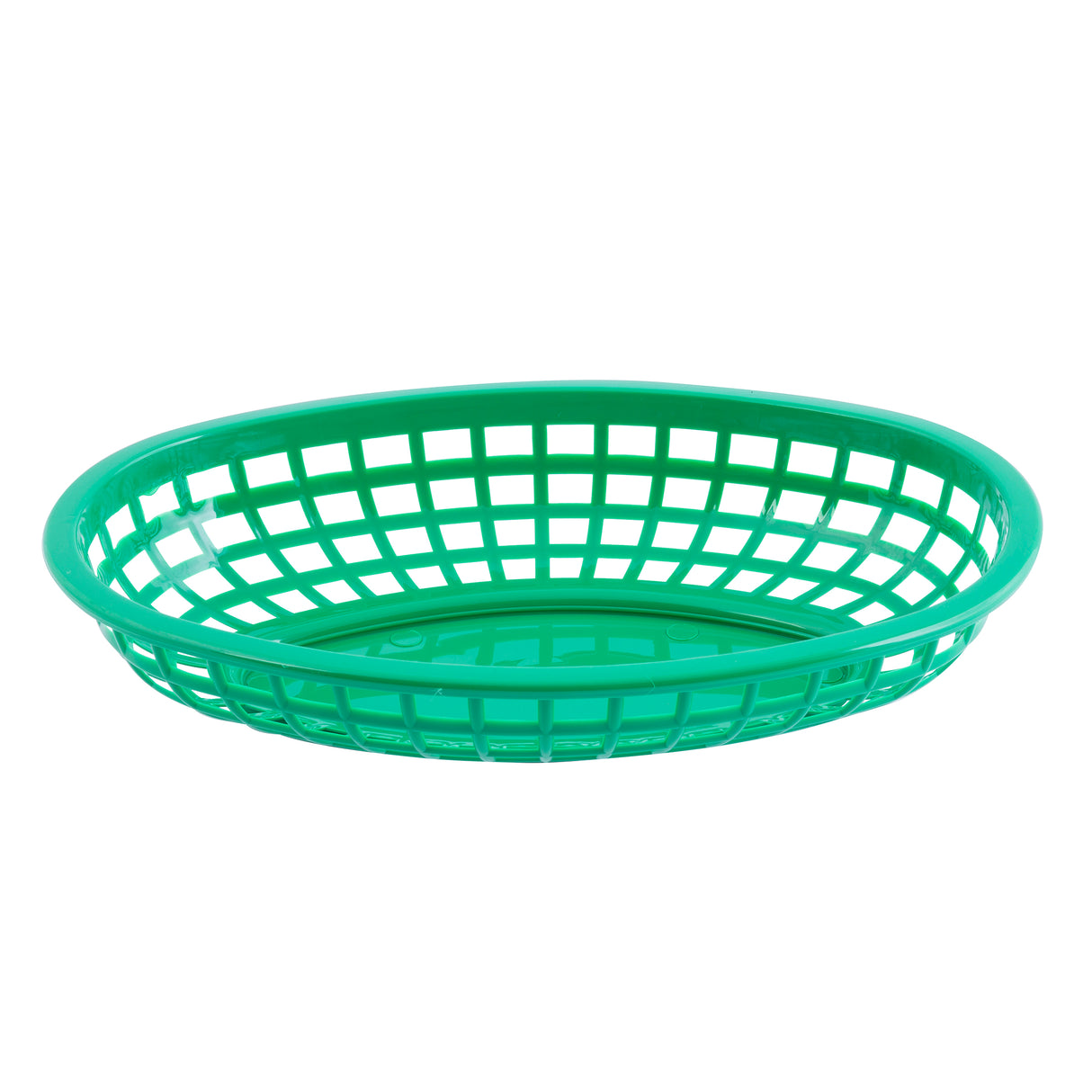 A green oval-shaped plastic basket with an open grid design, reminiscent of classic baskets. The sides and bottom feature evenly spaced rectangular holes, giving it a lightweight and airy look. The basket is empty and shown against a plain white background.