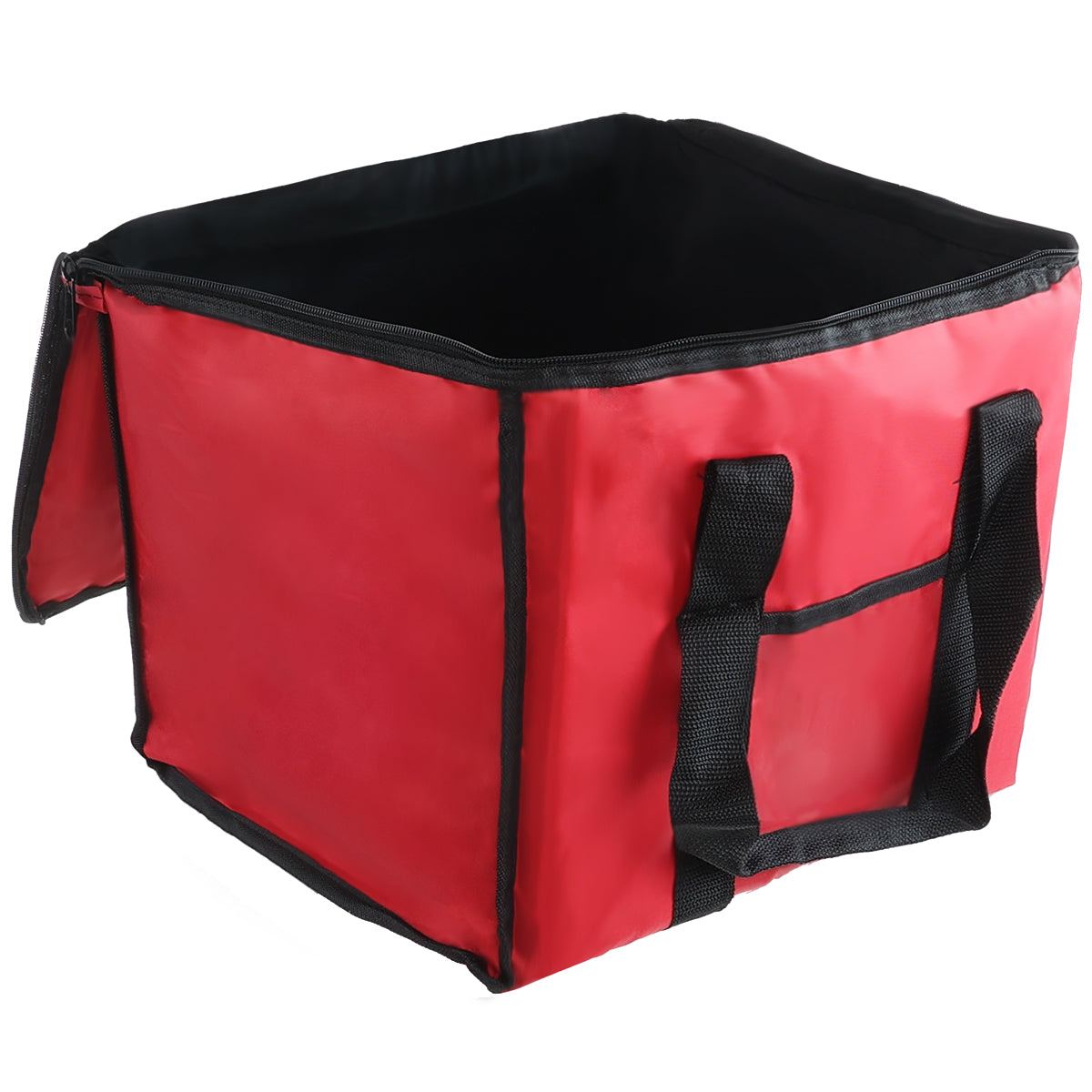 A large, rectangular red insulated nylon delivery bag with black handles and trim, open at the top to show its spacious, black interior. This Chef Approved food carrier is soft-sided and features a front pocket for carrying food or groceries.