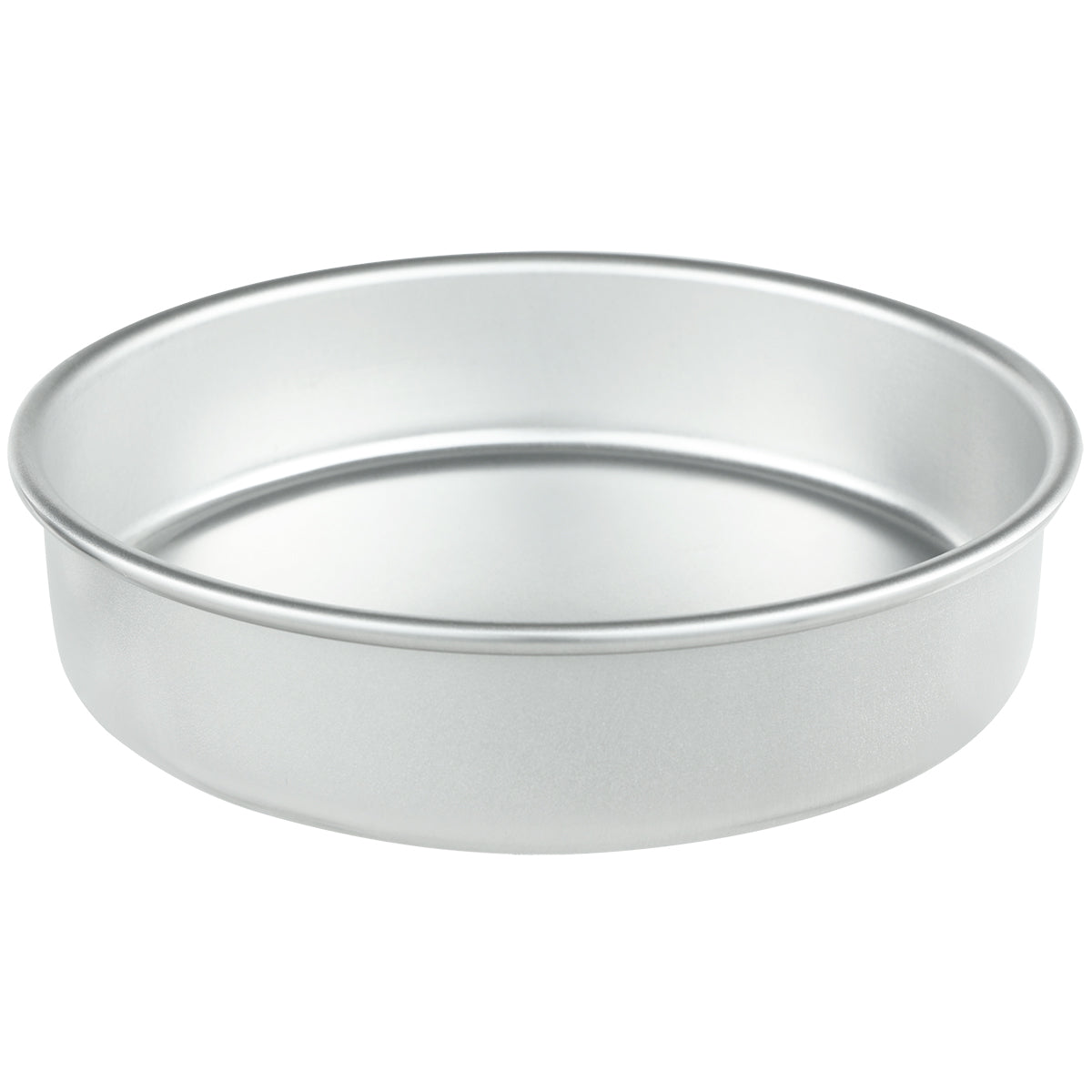 A plain, round 8 x 2 aluminum cake pan with straight sides and a flat bottom is shown against a white background. Chef approved, it has no handles or branding, and its shiny surface shows it is clean and unused.