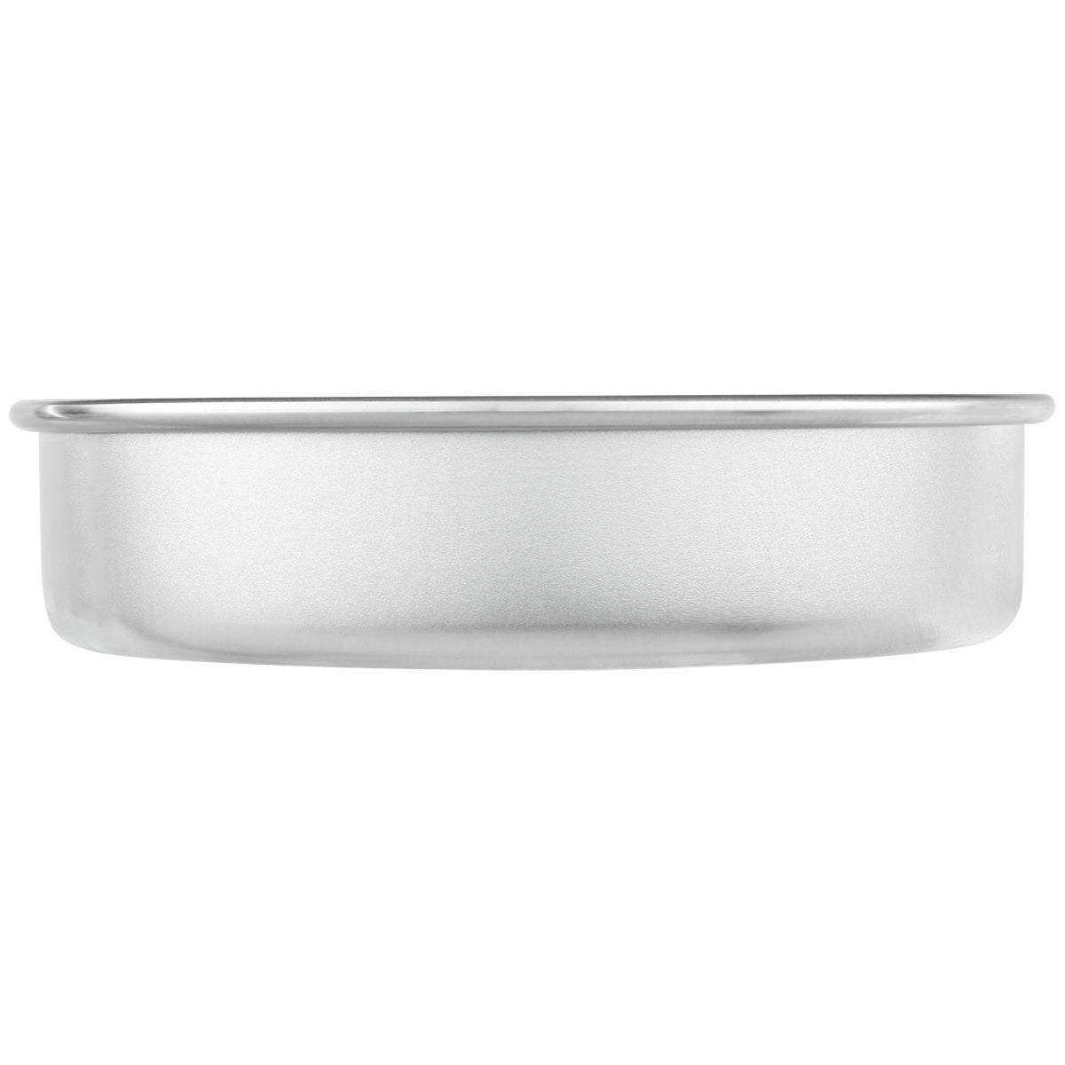 A plain, round 8 x 2 Aluminum cake pan with smooth sides and a slightly outward-flared rim, shown from the side against a white background. The chef approved pan has a shiny, silver appearance and no visible handles or markings.
