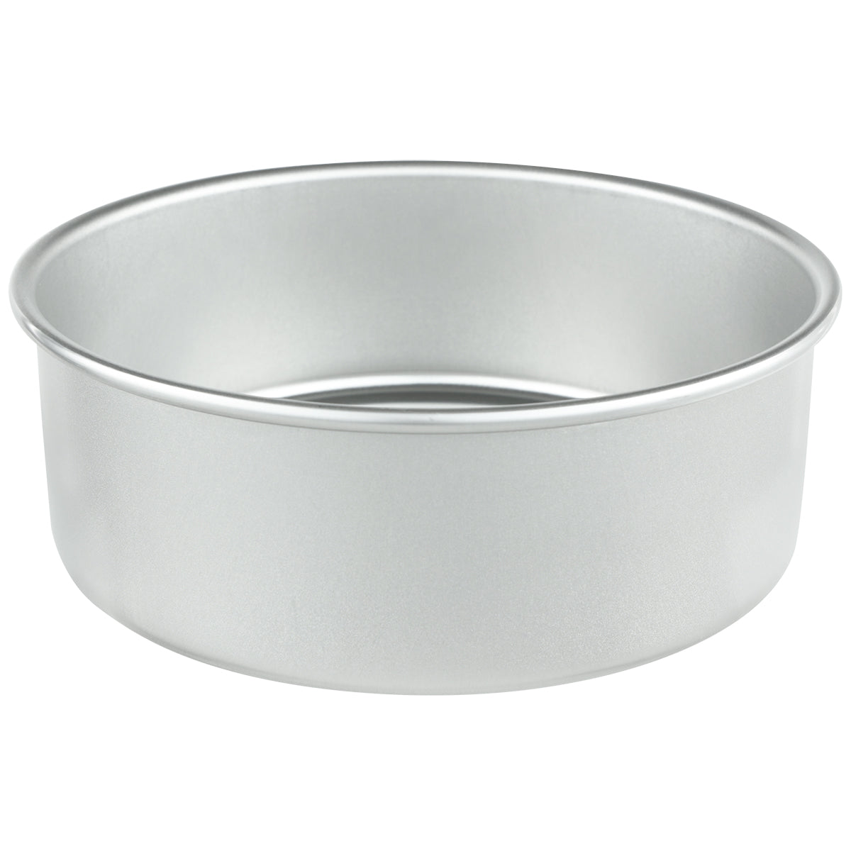 A round, 8 x 3 aluminum cake pan with straight sides and a flat base, shown against a plain white background. The pan is Chef Approved, empty, and features a smooth, shiny surface.