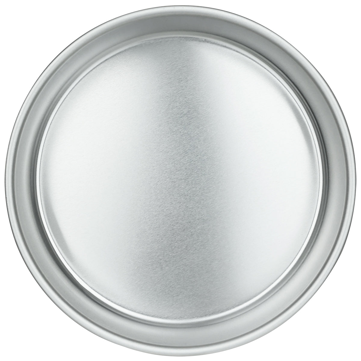 A shiny, empty, round 8 x 3 aluminum cake pan with a smooth surface and slightly raised edges. The tray has a reflective, silvery finish and is photographed from above against a white background. Chef approved quality.