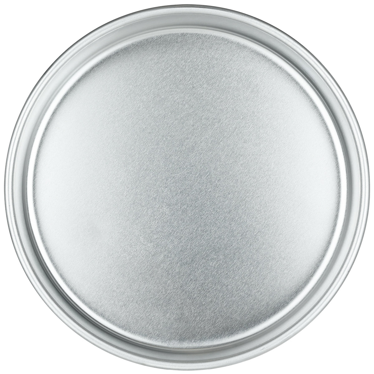 A round, plain aluminum pizza pan, photographed from above. The 9 x 2 pan features a smooth, slightly brushed surface and a shallow rim. Set against a white background, the simple design and silver color are clearly emphasized—like a classic cake pan.