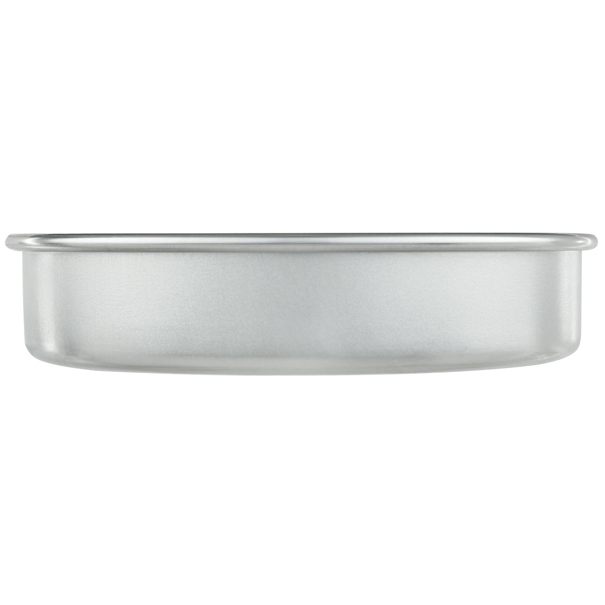 A round, shallow aluminum cake pan measuring 9 x 2 is shown from the side against a white background. The pan has straight edges, a smooth finish, and a slightly rolled rim around the top.