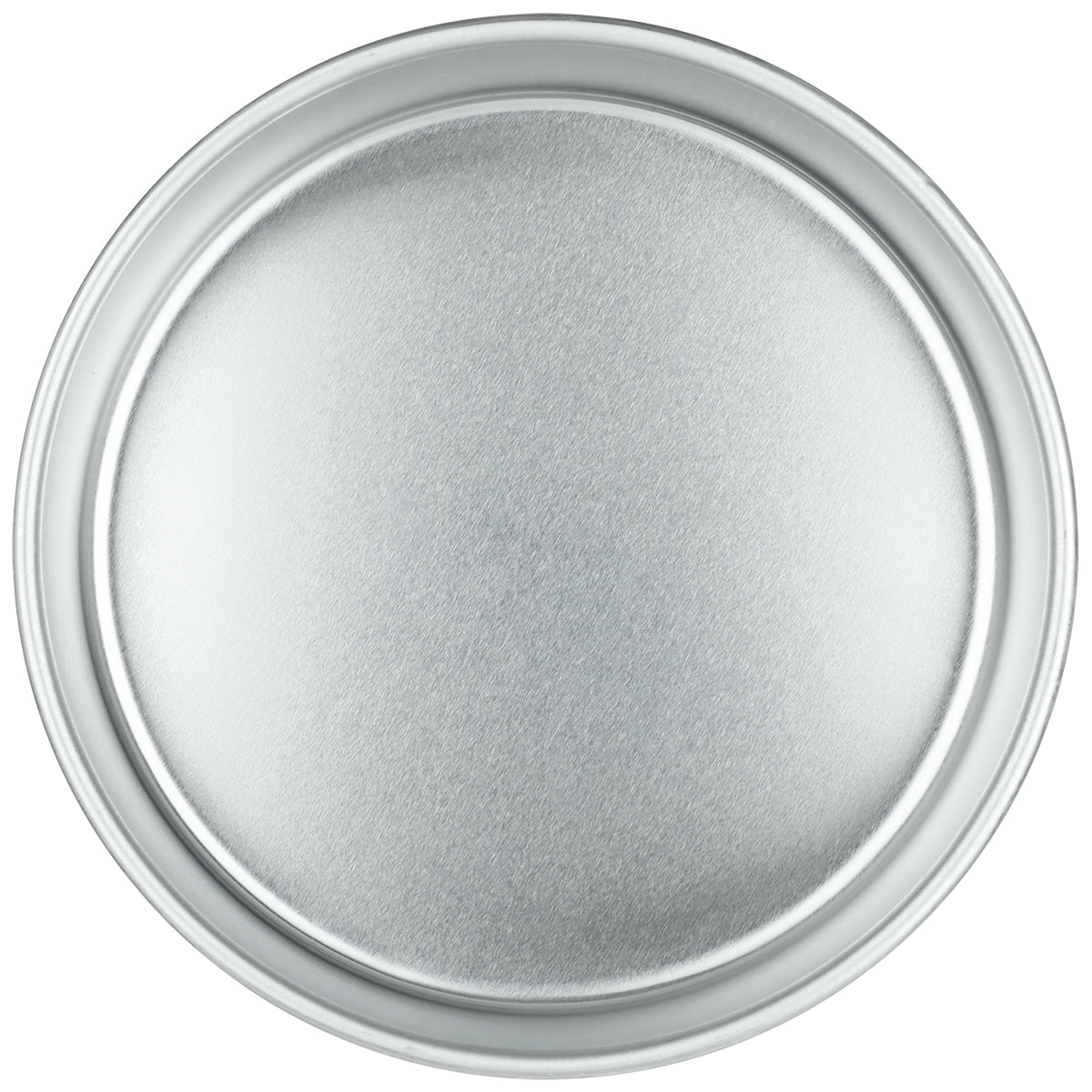A round, plain, silver aluminum cake pan or platter viewed from above. The pan has a smooth surface with a subtle brushed texture and a slightly raised edge, reflecting light evenly across its surface.