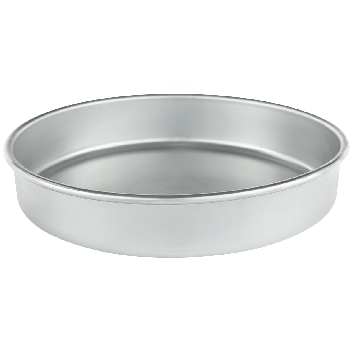 A plain, round aluminum cake pan with smooth sides and a flat base is shown against a white background. This chef approved pan has a shallow depth and slightly flared edges, perfect for baking cakes or other baked goods.