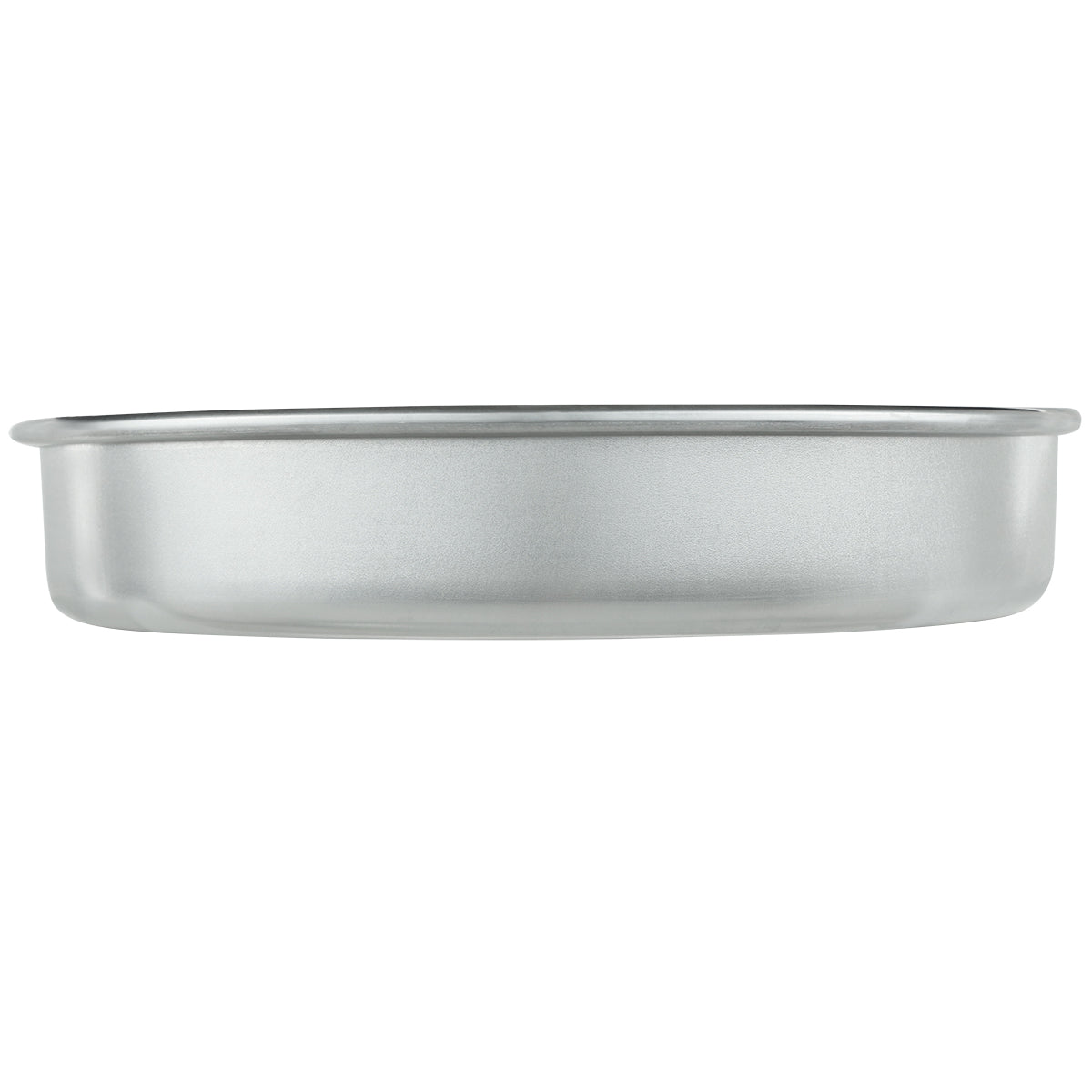A plain, round, shallow aluminum cake pan is shown against a white background. The pan has smooth sides, a slightly outward-flared rim, and a matte silver finish. It appears empty and clean, with no handles or noticeable markings. Chef approved.