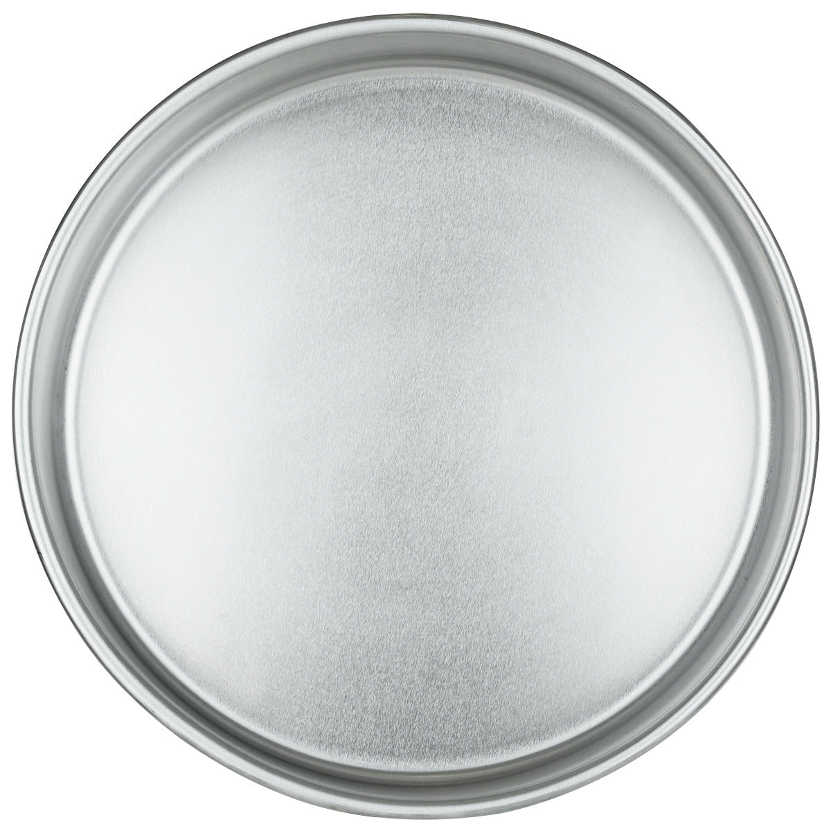 A round, chef-approved aluminum cake pan with a slightly raised rim, seen from above. The pan features a smooth, matte finish and a clean, empty surface that reflects soft light.