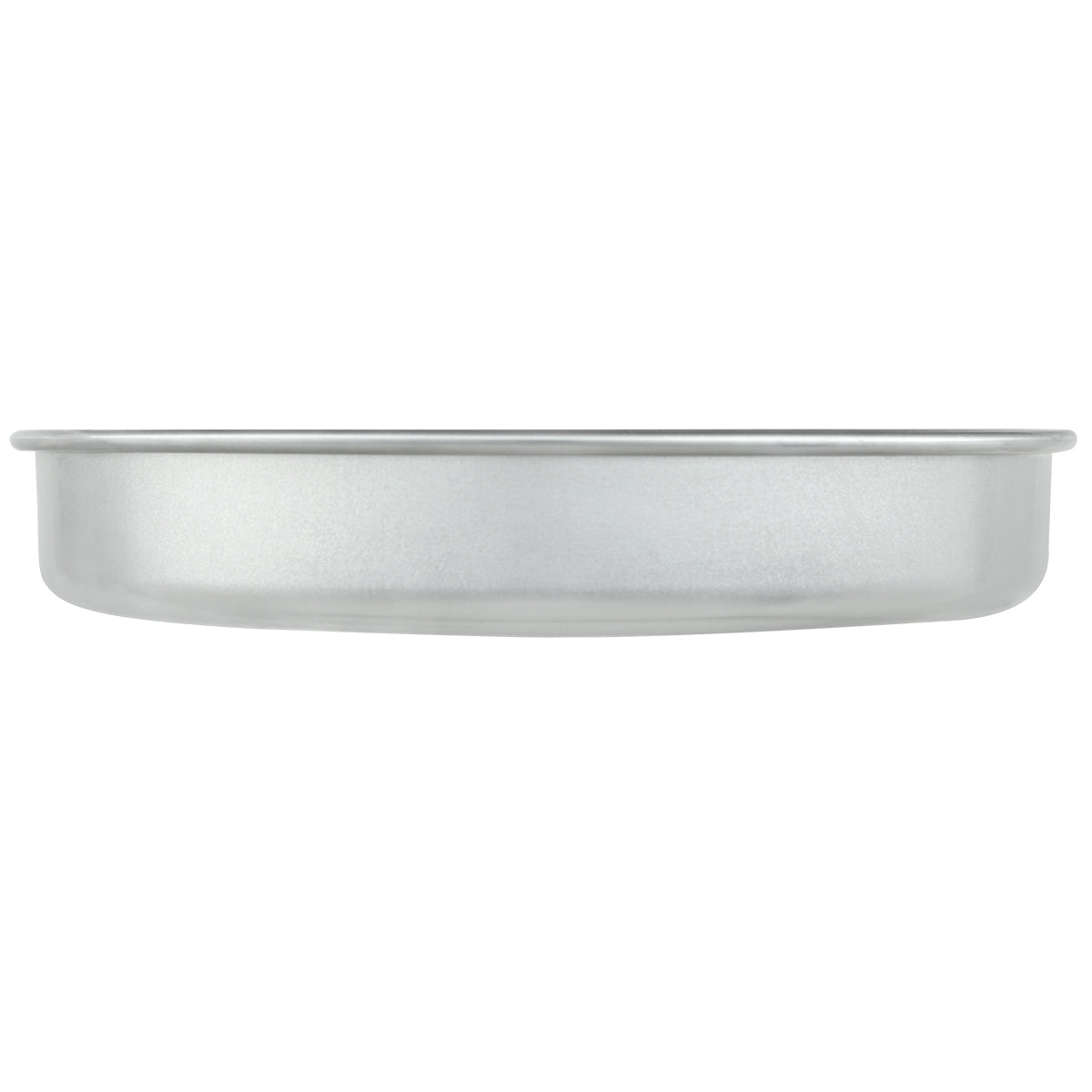A silver, round 12 Inch Cake Pan viewed from the side against a white background. The aluminum pan has a flat bottom, slightly curved sides, and a smooth rim, perfect for baking cakes or similar desserts.