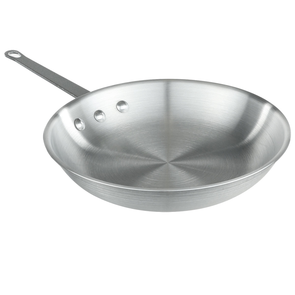 A shiny, silver aluminum fry pan with a brushed finish is shown at an angle. It has sloped sides, three visible rivets attaching a long, flat handle with a hole for hanging. The pan is empty and set against a plain white background.