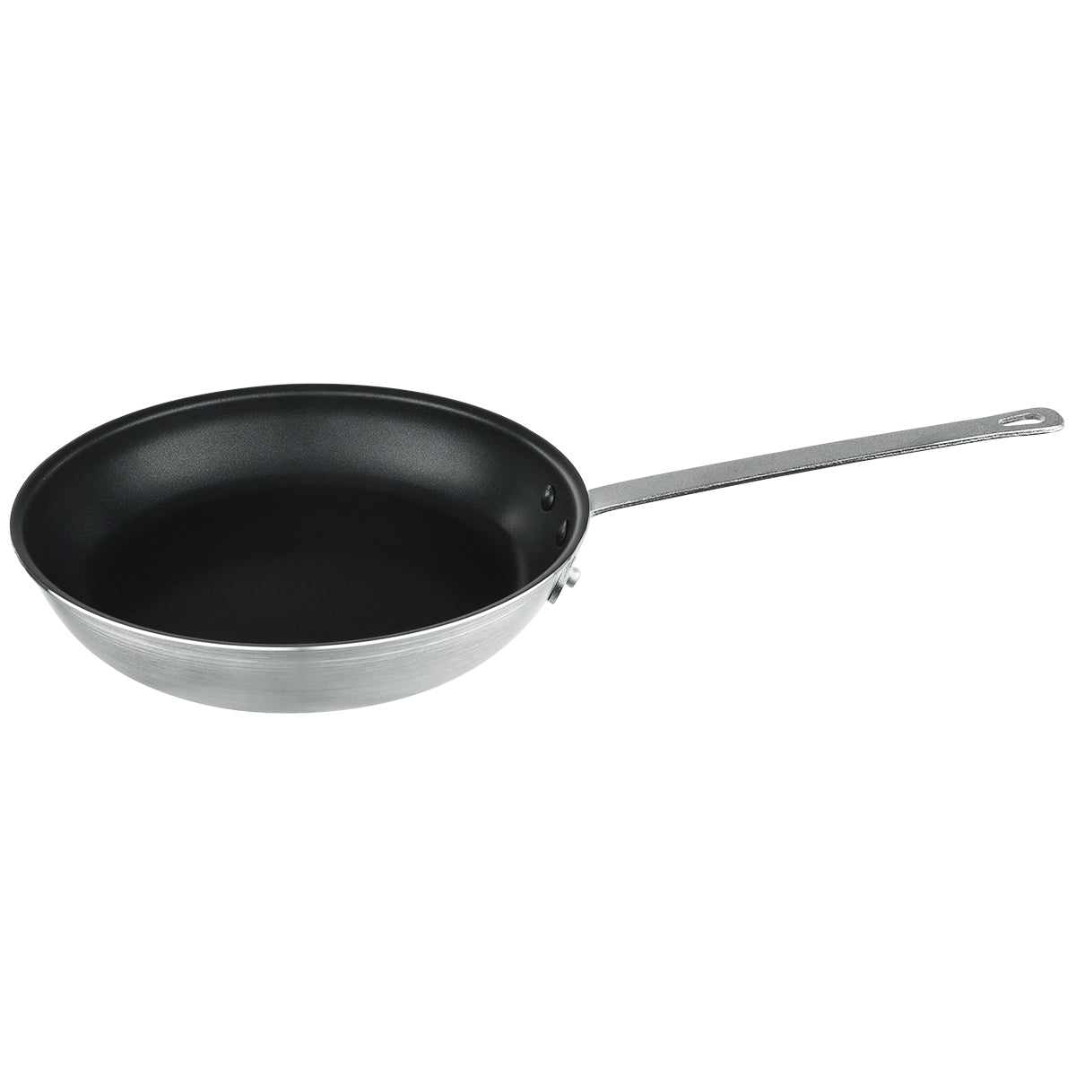 A 12 inch fry pan with a non stick black interior and a long, silver handle extending to the right. The pan features gently sloped sides and a flat base, set against a plain white background.