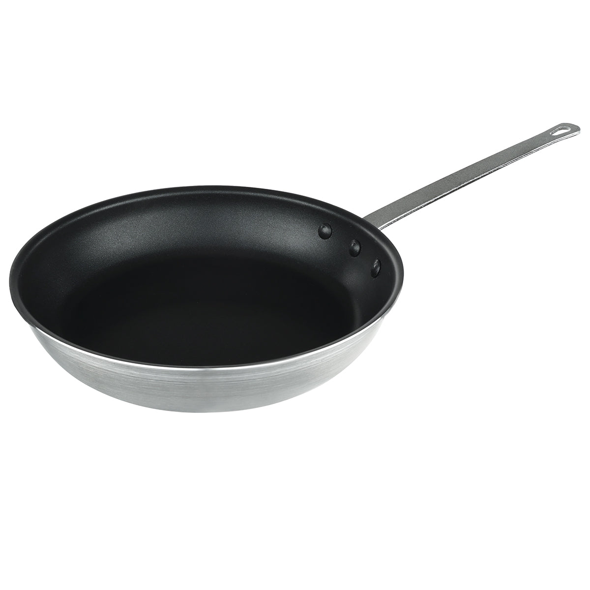 A 12 inch non stick fry pan with a black interior and silver metal exterior is shown on a white background. It has a long, flat metal handle attached with three rivets and a hole at the end for hanging.
