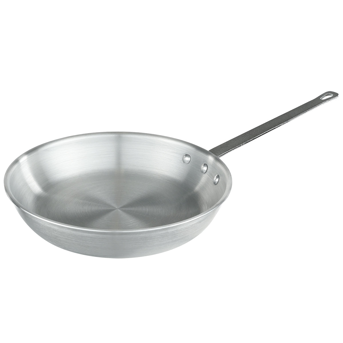 A 12 inch stainless steel Fry Pan with a wide, shallow base and slightly sloped sides. It features a long metal handle attached with three rivets and a small hole for hanging, while its surface is smooth and reflective.