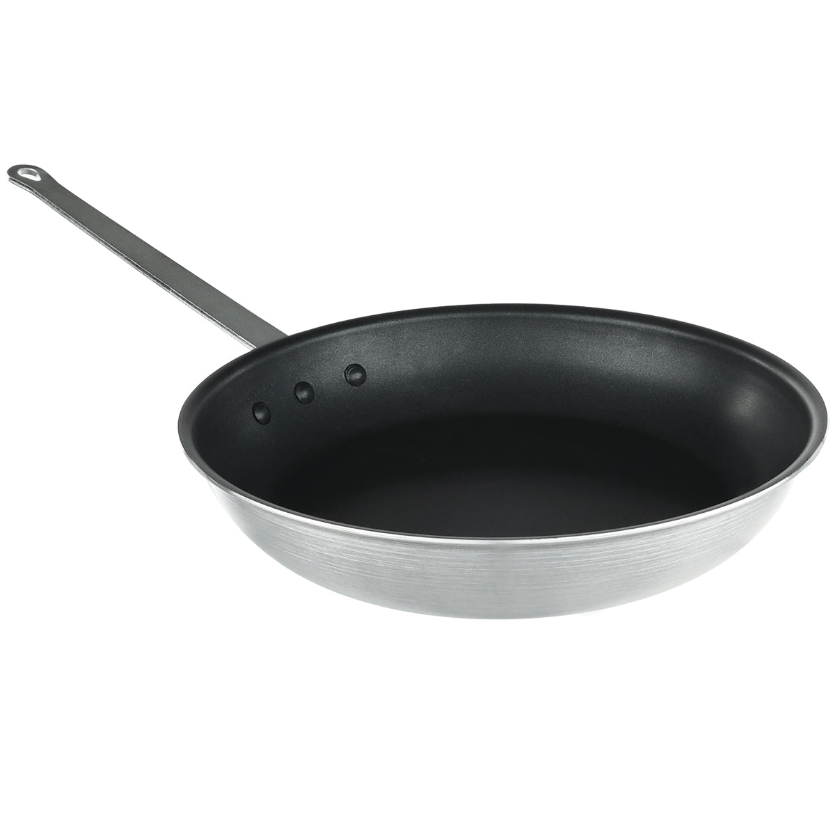 A 14 inch metal fry pan with a black nonstick interior and a long, flat handle. The round, shallow pan is silver on the outside, secured with three rivets. The background is plain and white.