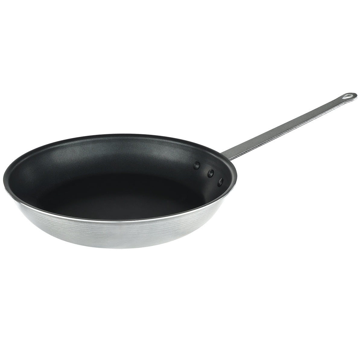 A 14 inch non stick fry pan with a shiny silver metal exterior, black interior, and a long metal handle with a hanging hole, rests on a white background and is angled to display its round shape and depth.