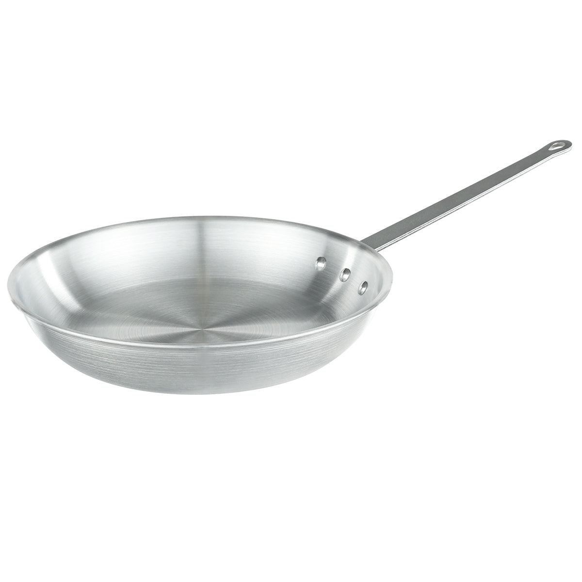 A 14 inch fry pan with a wide, shallow base and curved sides is shown against a white background. This aluminum fry pan features a long, straight handle with a hole for hanging and two rivets securing it to the pan.