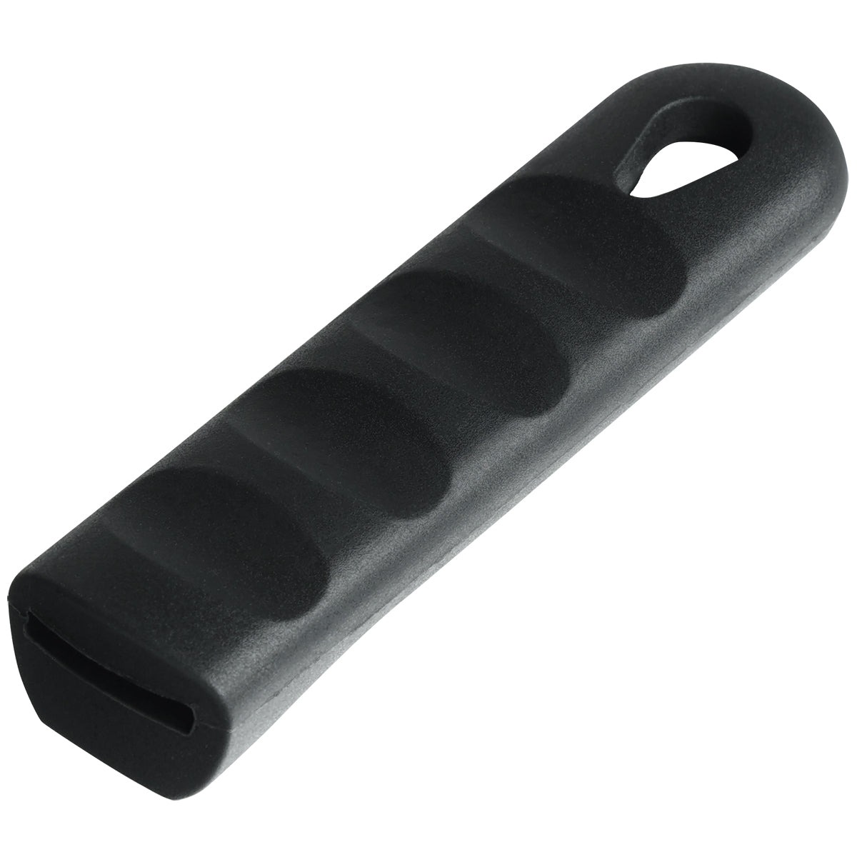 A black, rectangular pan handle sleeve made of rubber with finger grooves and a rounded end featuring an oval hole, ideal for attaching to a tool or carrying strap. Chef approved, the surface is smooth and matte with a slot opening for fitting onto an object.