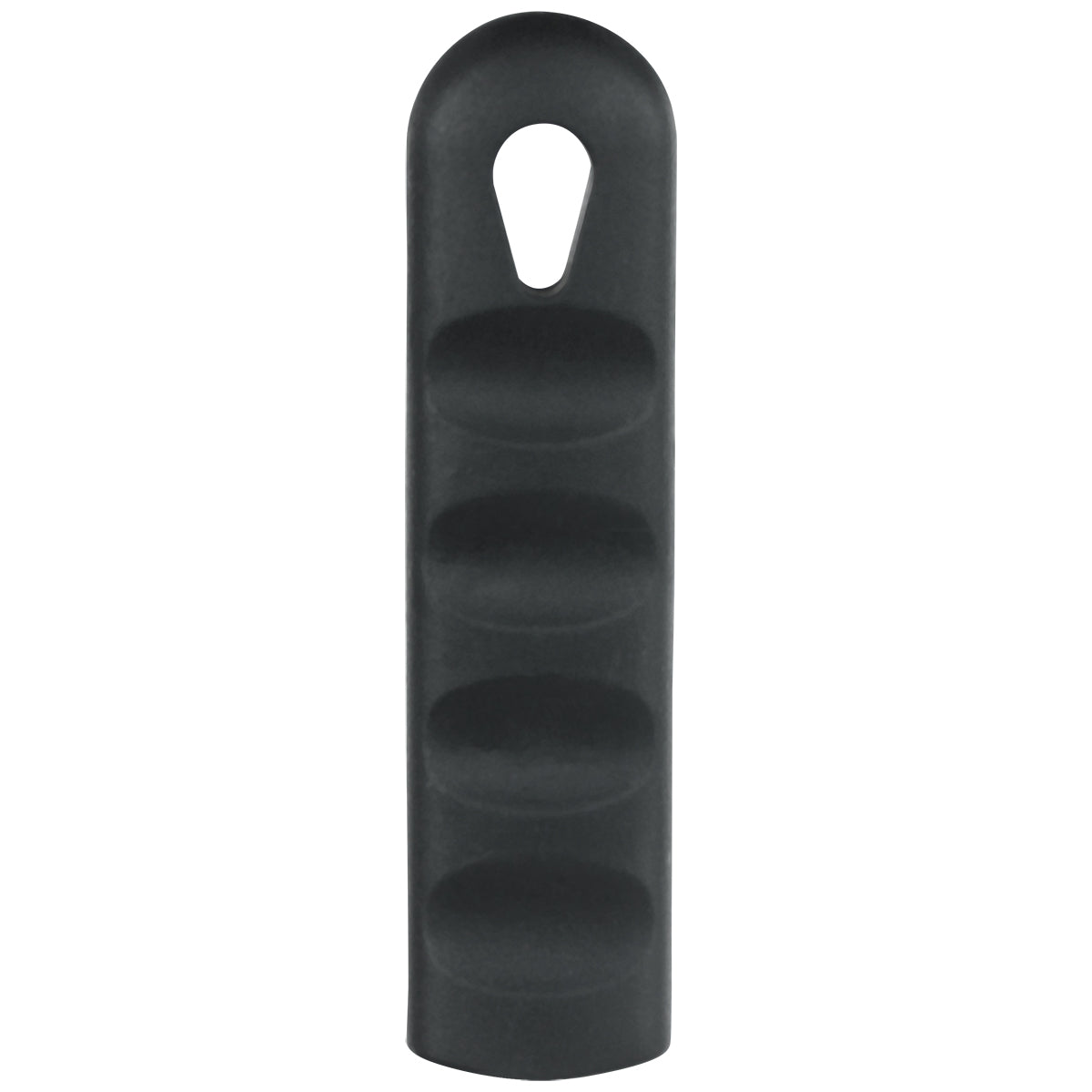 A Chef Approved, black, oval-shaped Silicone Pan Handle Sleeve with a rounded top and teardrop-shaped hole near the top. Four evenly spaced, shallow grooves offer grip or finger placement on its matte, smooth surface.