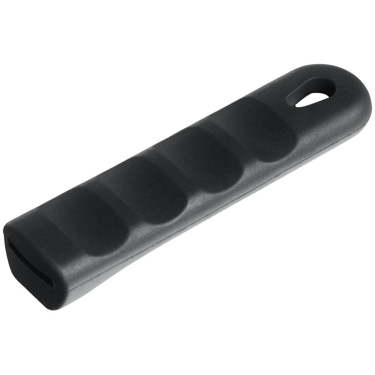 A Chef Approved black, rectangular pan handle sleeve made of textured silicone with four ergonomic finger grooves and a rounded end featuring a small oval hole, ideal for hanging or attaching a lanyard. The matte surface ensures a comfortable grip.
