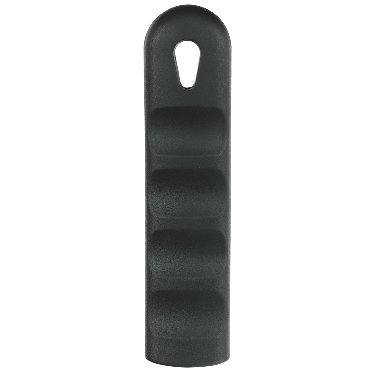 A black, elongated Silicone pan handle sleeve with four indented finger grooves and a teardrop-shaped hole at the top for hanging. Chef approved, its smooth and slightly matte surface ensures a secure, comfortable grip.