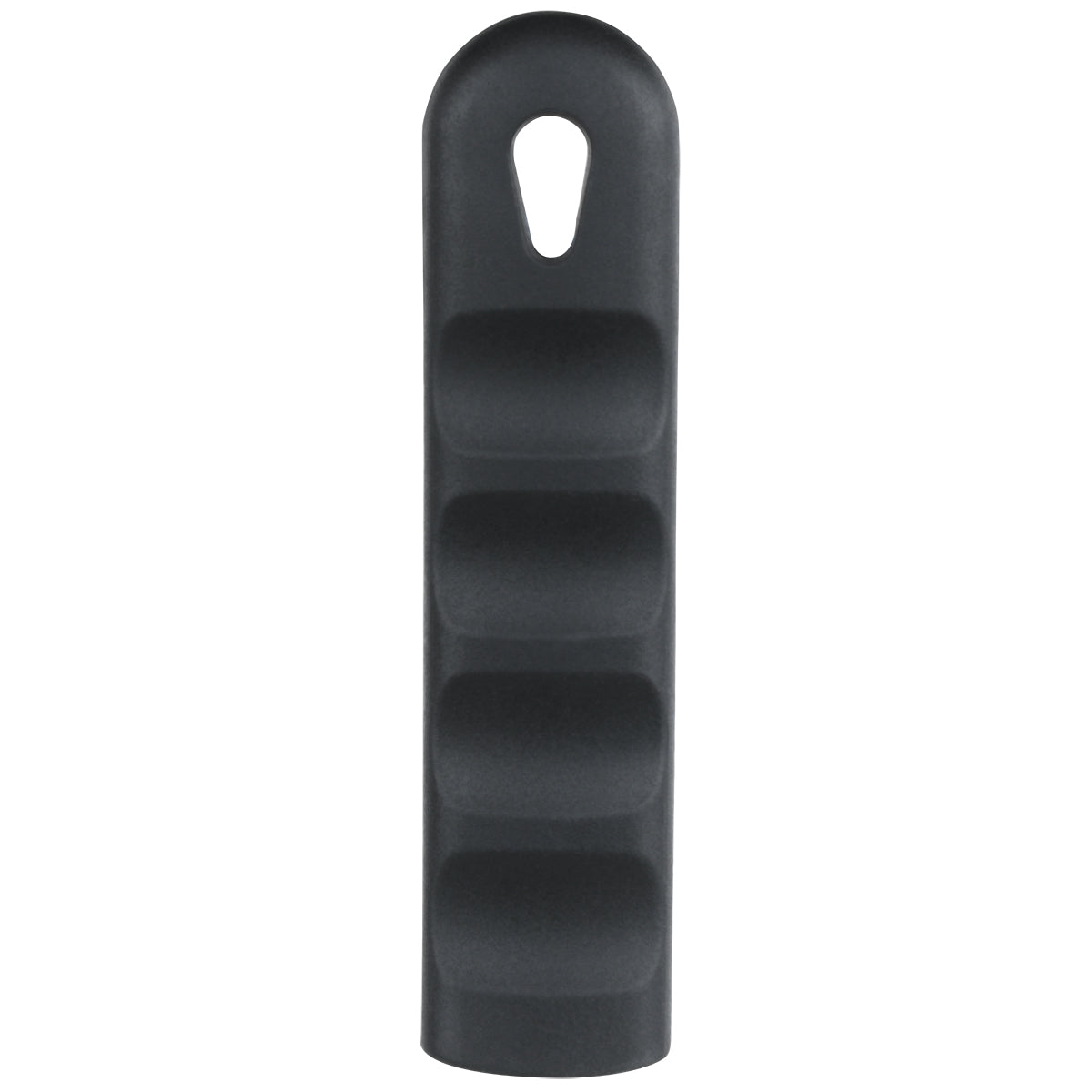 A black, elongated silicone pan handle sleeve with four raised grip sections and a rounded top featuring a teardrop-shaped hole for hanging. The matte finish and minimalist design offer functional style for 14 pans.