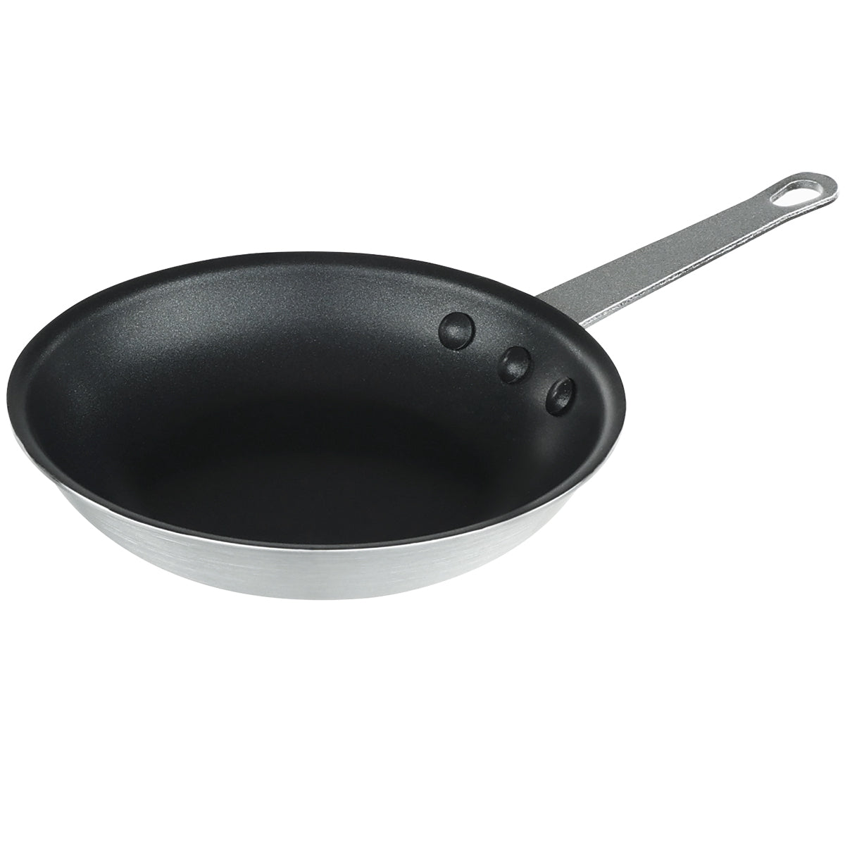 A 7 inch non stick fry pan with a flat black cooking surface and a silver metal handle featuring a hole for hanging. The handle, attached with three visible rivets, makes this pan perfect for easy cooking. Shown empty on a white background.