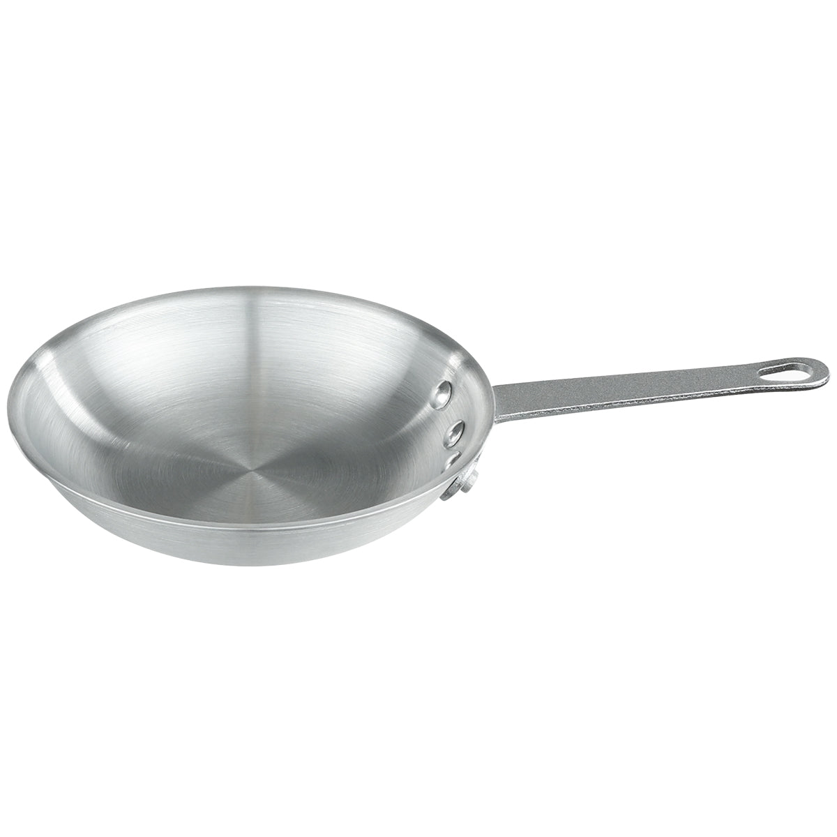 A silver aluminum Fry Pan with a smooth, round base and slightly flared sides. It features a long, straight handle attached by two rivets, with a hole for hanging. Chef Approved and photographed against a white background, the pan appears empty.