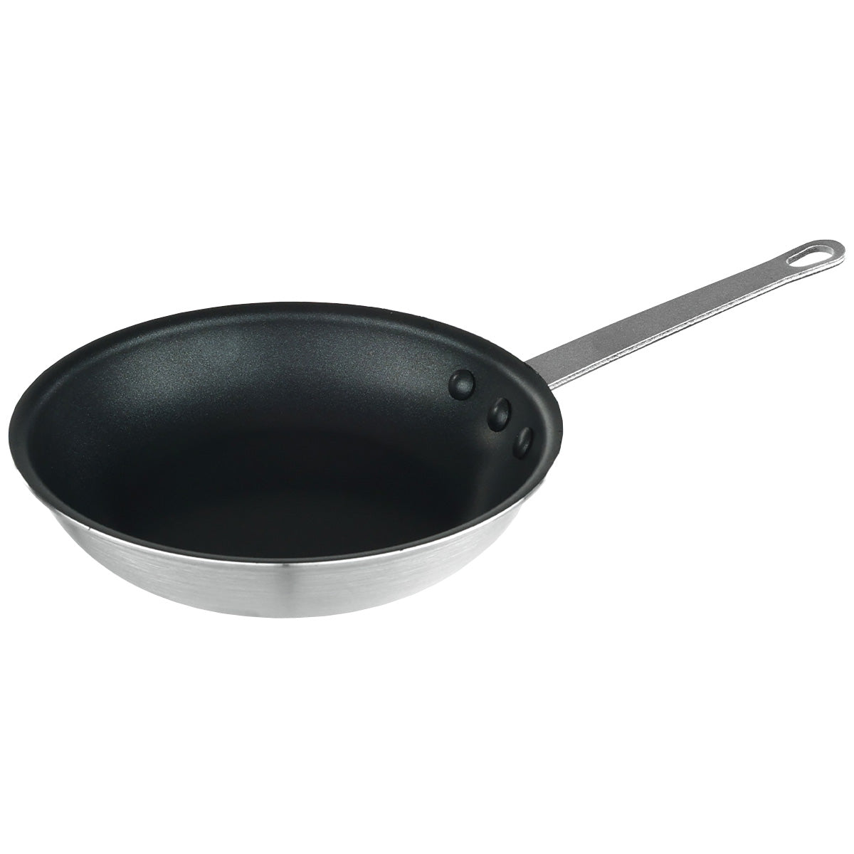 A nonstick aluminum fry pan with a silver metal body and a long, straight handle featuring a hole for hanging. The dark, smooth interior ensures easy food release and simple cleaning.