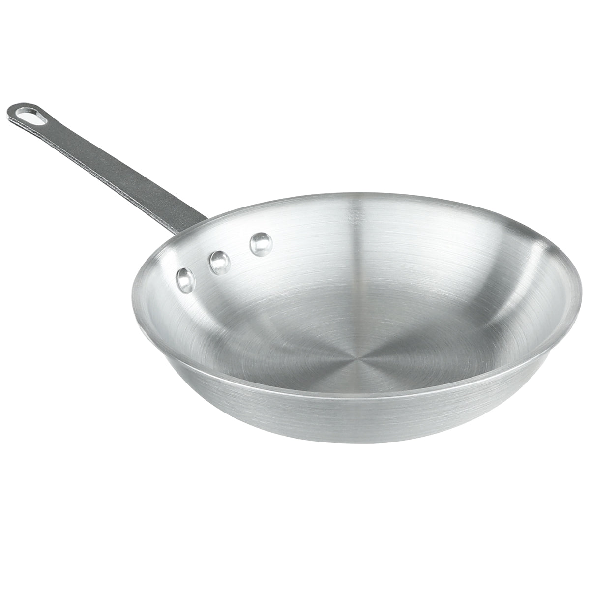 An 8 inch aluminum fry pan with a silver-colored, smooth, and reflective surface. It features a long flat handle with a hole at the end, three rivets attaching the handle to the pan, and a wide, shallow, slightly sloped interior.