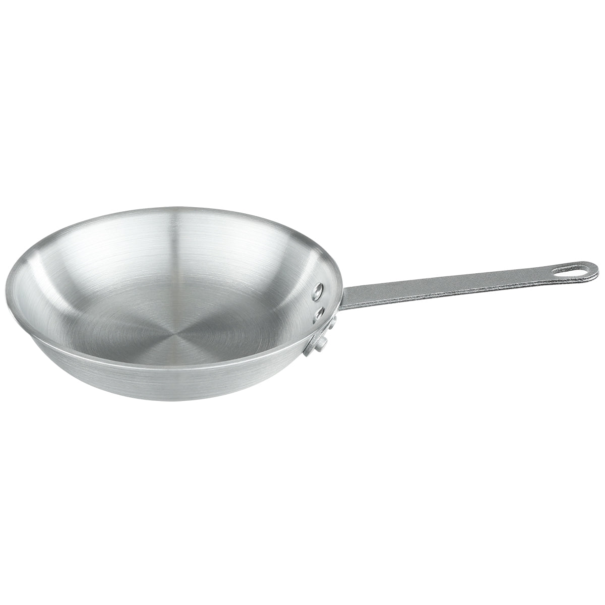 An 8 inch aluminum fry pan with a flat, round base and slightly sloped sides. It has a long, straight handle attached with two rivets and a small hole at the end for hanging. The pan is empty and shown on a white background.