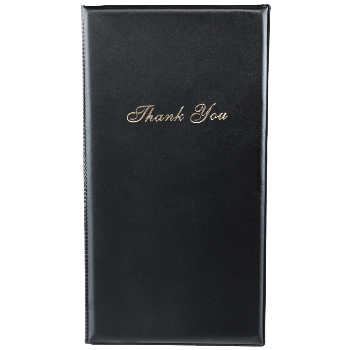 A black rectangular Vinyl Check Presenter with Thank You embossed in gold cursive text at the center. The smooth, slightly shiny Empura surface features neat edges and a simple, elegant appearance.