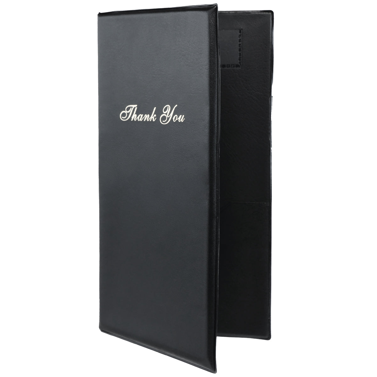 A black, rectangular Empura Vinyl Check Presenter with “Thank You” in elegant silver script on the front cover, standing slightly open to reveal a pocket inside, Chef Approved and commonly used in restaurants to present the check to customers.