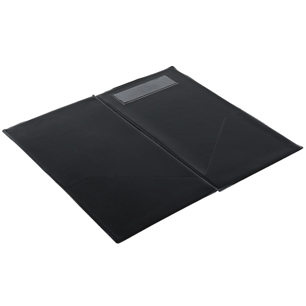 Black leather folder lying open on a white background, featuring two inner pockets—one on each side—for holding documents, and a rectangular transparent ID window on the right side. This slim, professional design is Chef Approved by Empura.