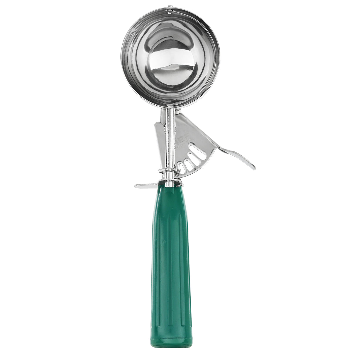 A metal disher with a green handle and thumb press trigger release is shown upright against a white background. The scoop’s bowl is shiny and round, with the handle and trigger clearly visible.