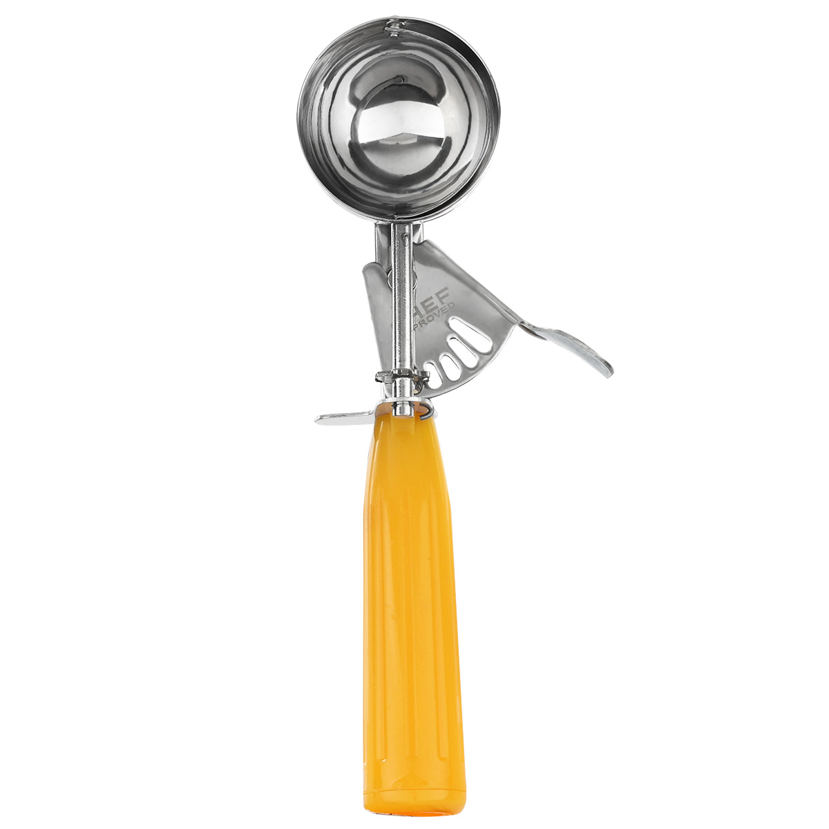 A metal ice cream disher with a shiny round bowl and a yellow handle. The scoop features a thumb press trigger mechanism for easy release, visible as a metal lever along the handle. Photographed against a white background.