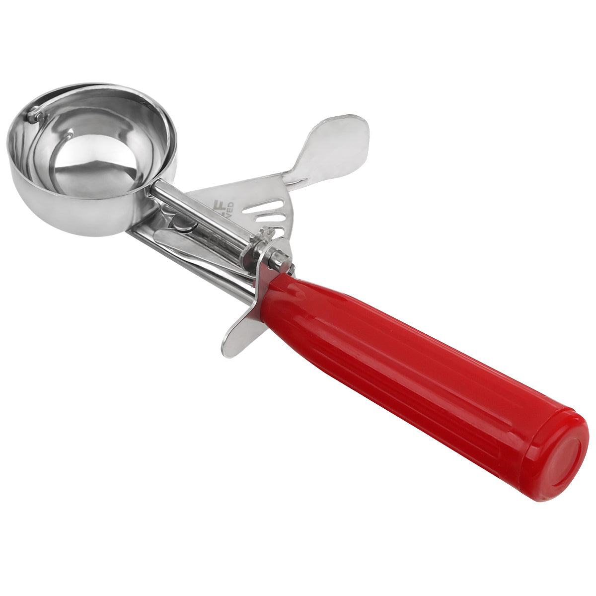 A stainless steel disher with a bright red handle features a mechanical lever and thumb press. Its round bowl serves ice cream smoothly, while the internal metal blade releases each scoop when the handle is squeezed. Shown on a white background.