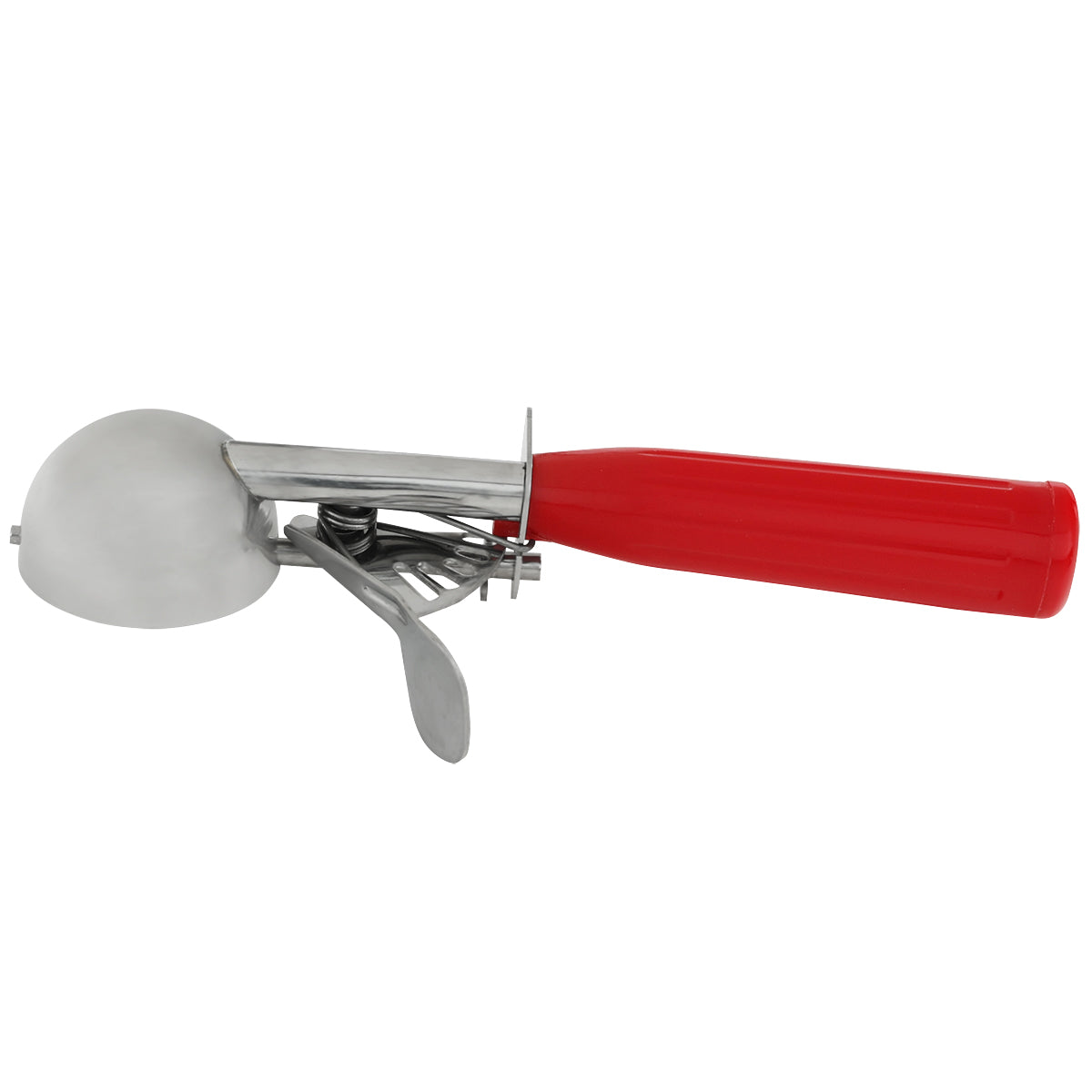 A metal ice cream disher with a shiny, rounded scoop head and a bright red ergonomic handle. The built-in lever, operated by a thumb press, runs along the side and bottom for easy release of ice cream.
