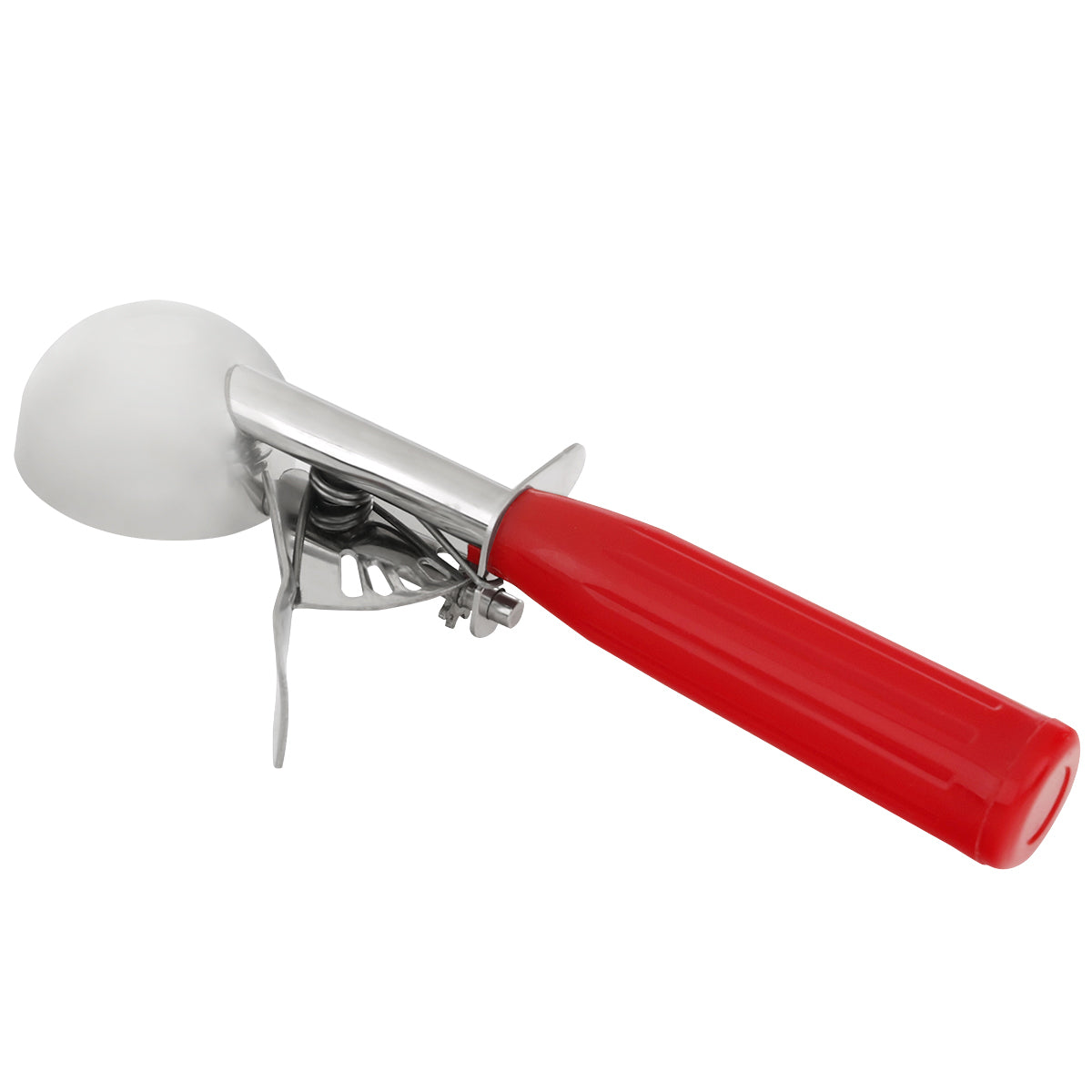 A metal ice cream disher with a bright red handle and a thumb lever mechanism for easy scooping is shown against a white background. The shiny, round bowl pairs with the convenient thumb press for effortless release.