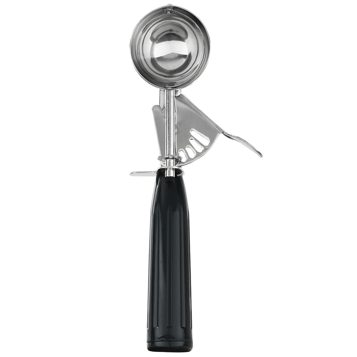 A stainless steel 1 oz disher with a black handle and thumb press trigger-style mechanism, shown upright against a white background. The scoop’s lever system is designed to release ice cream smoothly.