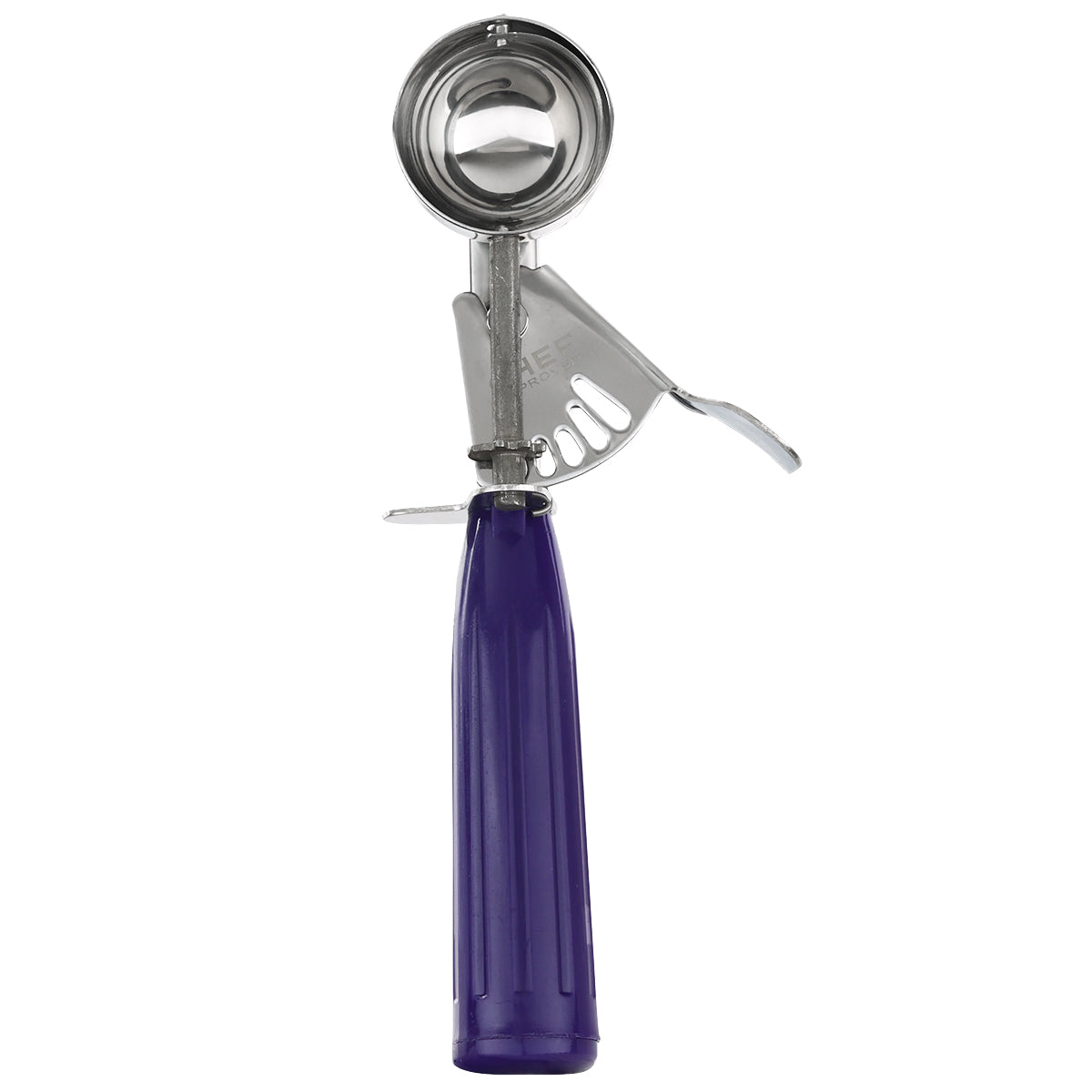 A metal disher ice cream scoop with a 0.75 oz deep, round bowl and mechanical lever for easy release, featuring a solid purple handle, shown vertically against a plain white background.