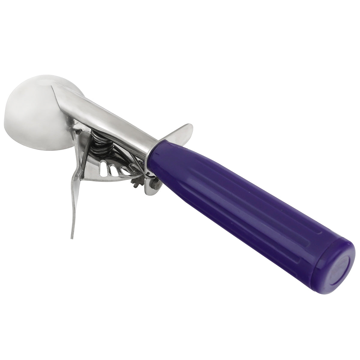 A metal disher with a shiny silver 0.75 oz scooping mechanism and a textured, dark purple handle. The scoop features a trigger release system for easy dispensing of ice cream and is photographed on a white background.