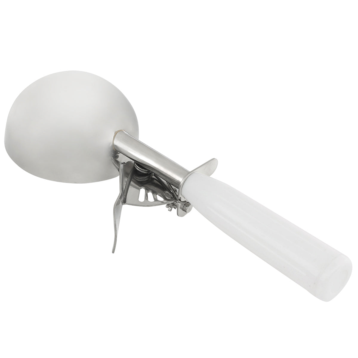 A stainless steel disher with a white plastic handle and a thumb press lever for easy release. The scoop is angled slightly, showing its round bowl and trigger mechanism near the handle. The background is plain white.