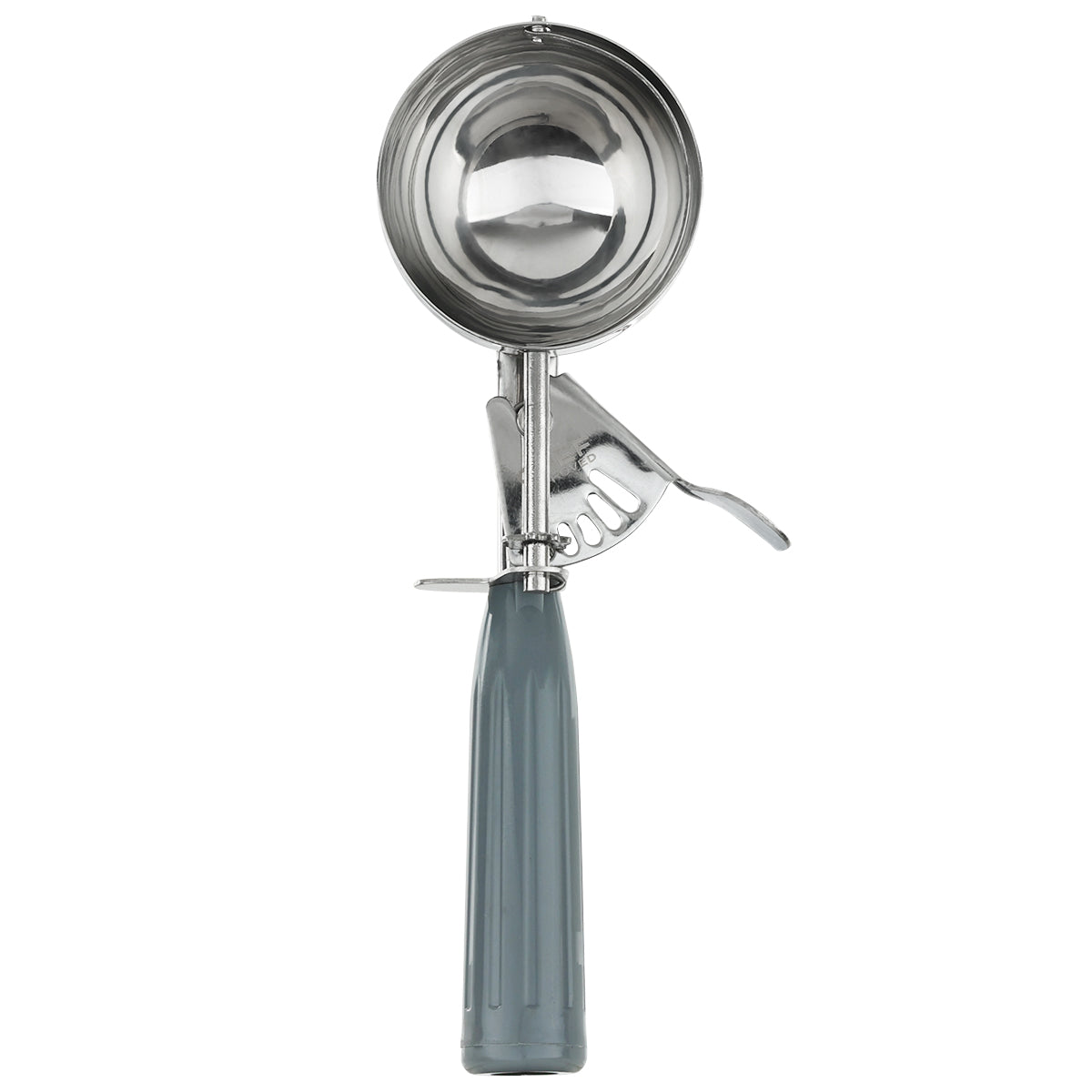 A metal disher with a shiny, round bowl and a gray handle. The handle has a spring-loaded thumb press for easy release, connected to a metal gear below the bowl. The scoop stands upright on a white background.