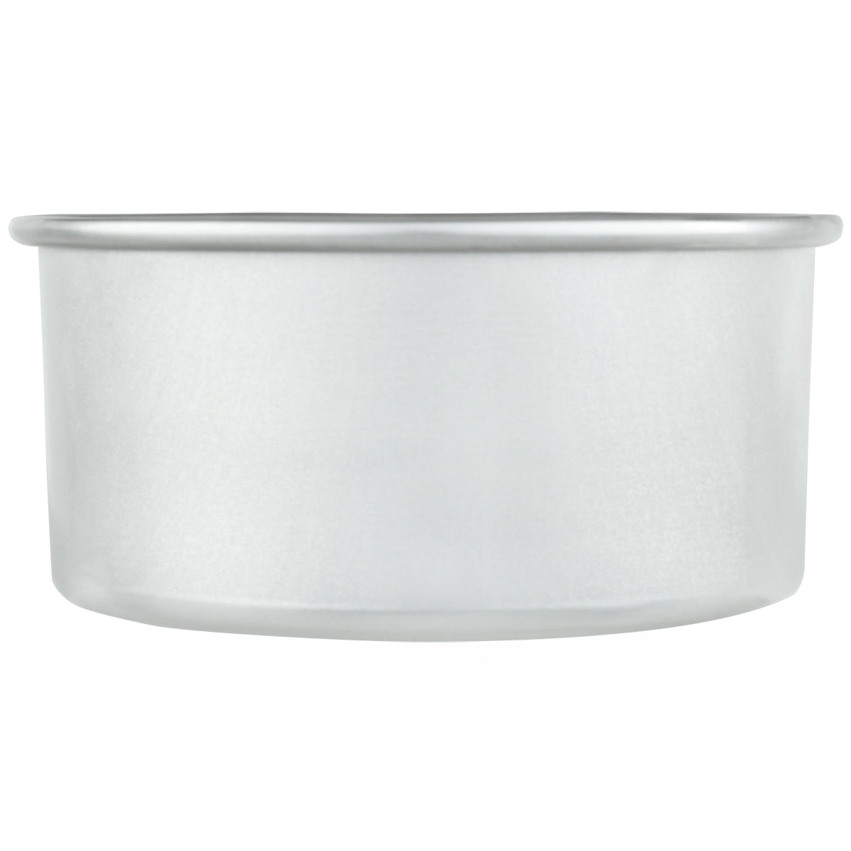 A plain, round aluminum cake pan with straight sides and a slightly rolled edge, shown on a white background. The pan appears empty and clean—chef approved and suitable for baking cakes or other baked goods.