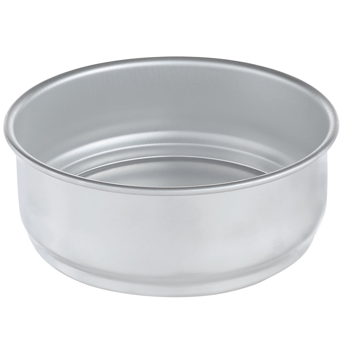 A round, shallow, aluminum dough proofing pan with smooth sides and a slightly indented concentric ring pattern on the bottom. Stackable and simple, it features a shiny finish with no handles or markings, set against a plain white background.