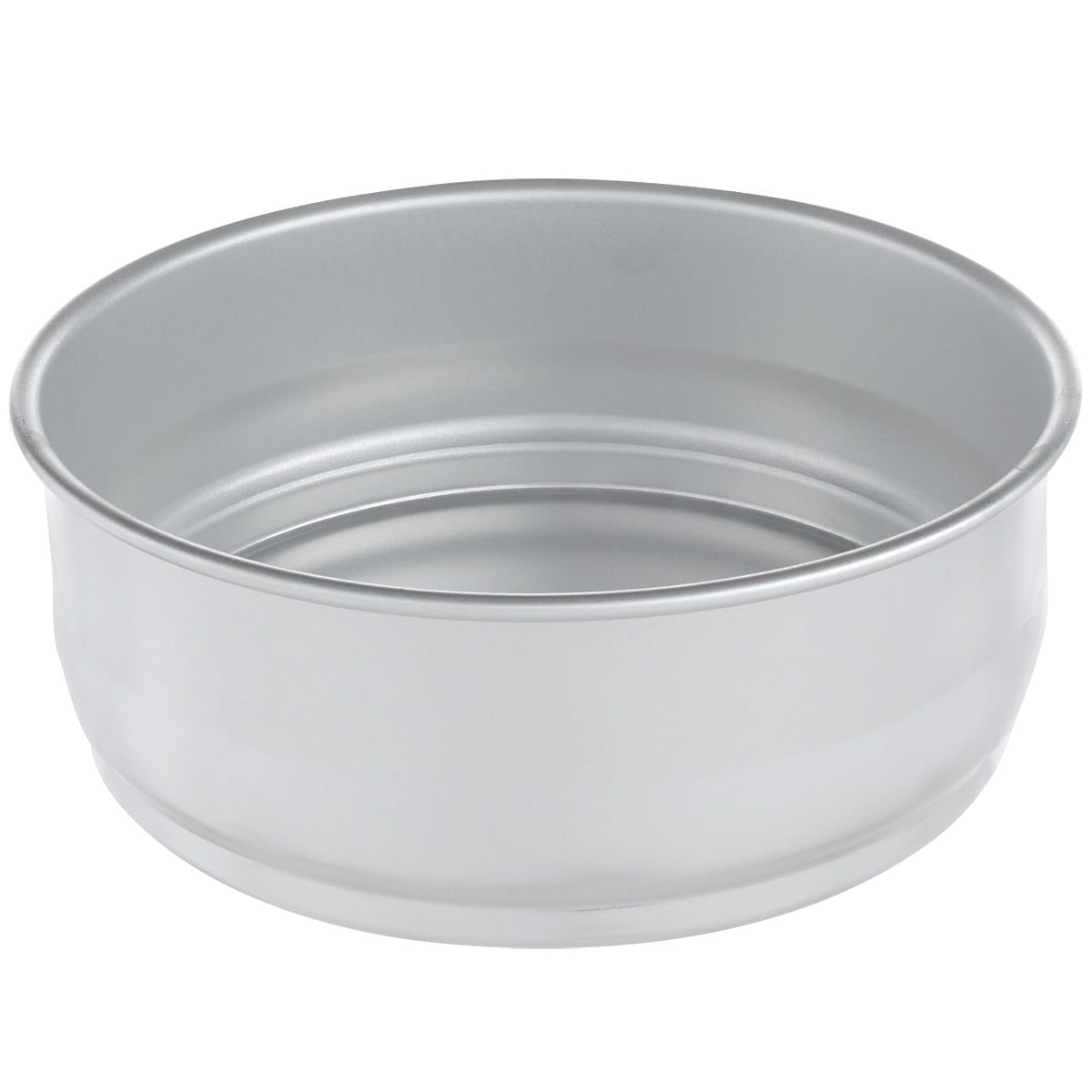 A round, stackable aluminum baking pan with straight sides and a flat bottom. The empty dough proofing pan is photographed against a plain white background, highlighting its shiny, smooth surface and simple design.